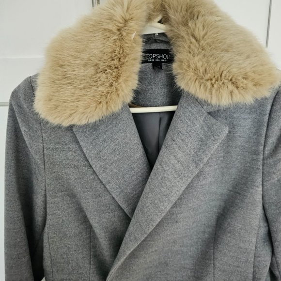 Topshop Grey Double Breasted Nancy Coat w/ Removable Faux Fur Collar 6 Like New - Picture 6 of 16